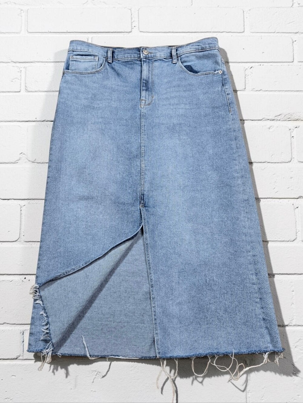 Kensie High Rise Midi Jean Skirt Blue Denim Front Slit Fray Hem Womens Size 12
